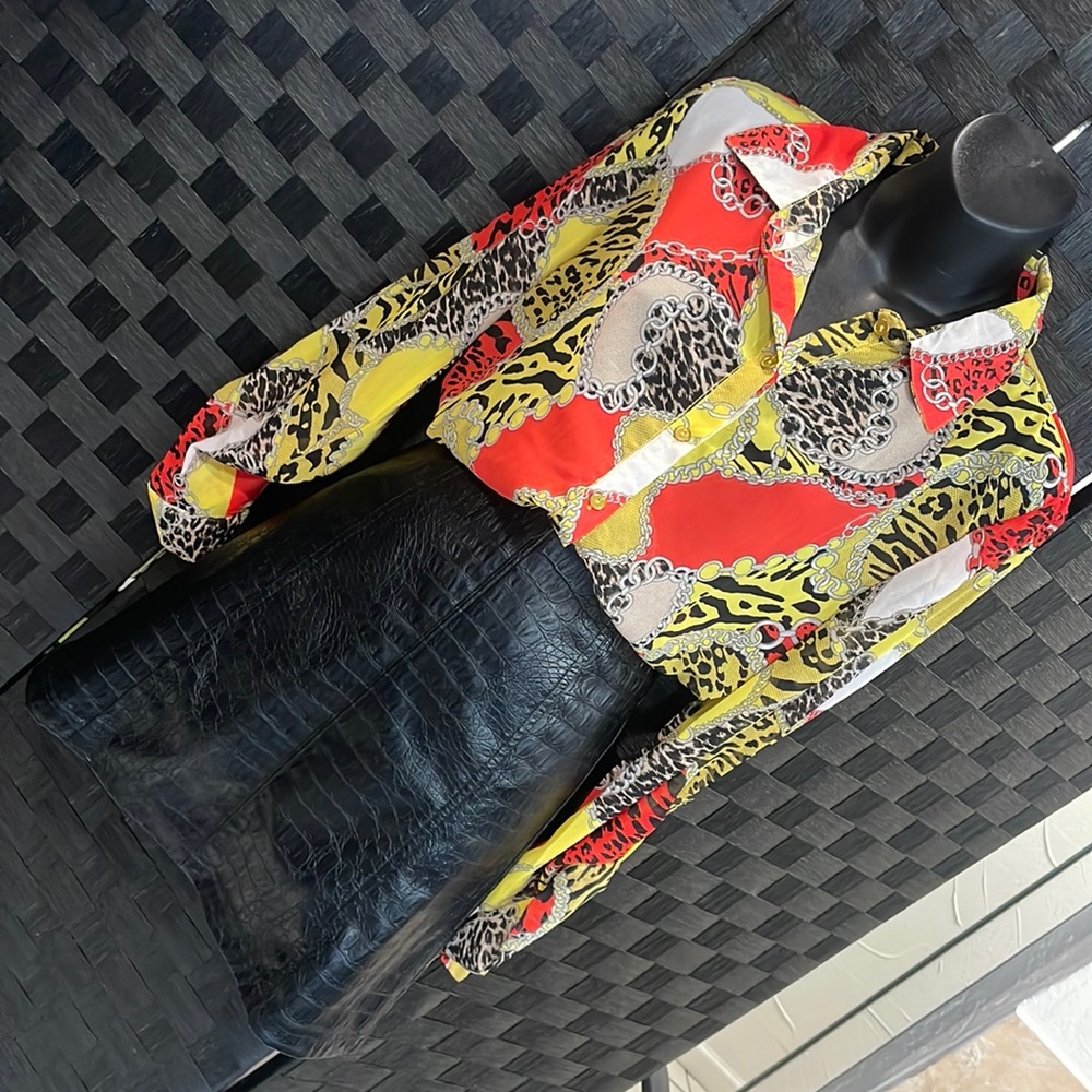 Multicolored Polyester Long sleeve Top(Large)/ Faux Leather Mini Skirt (XS)